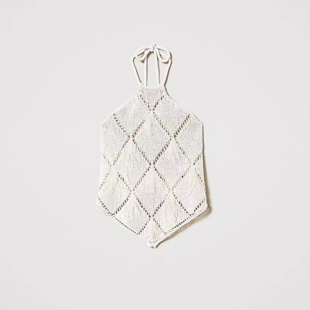 Twin-Set White Crochet Halter Top diamond feather knit indah andi bagus designer - Picture 6 of 10
